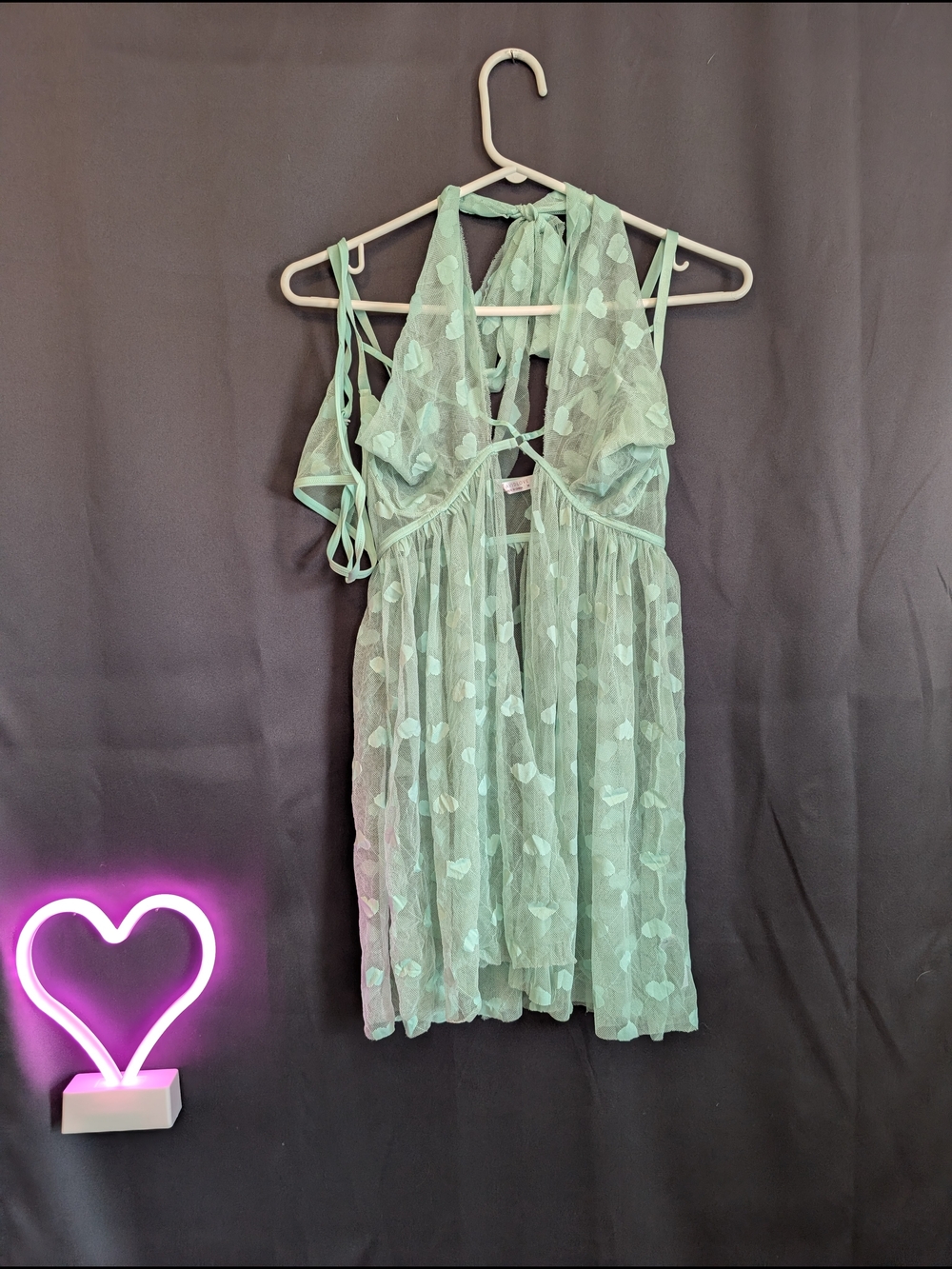 Sheer Mint Green Halter Babydoll Dress Set Heart Print Two Piece Thong Lingerie